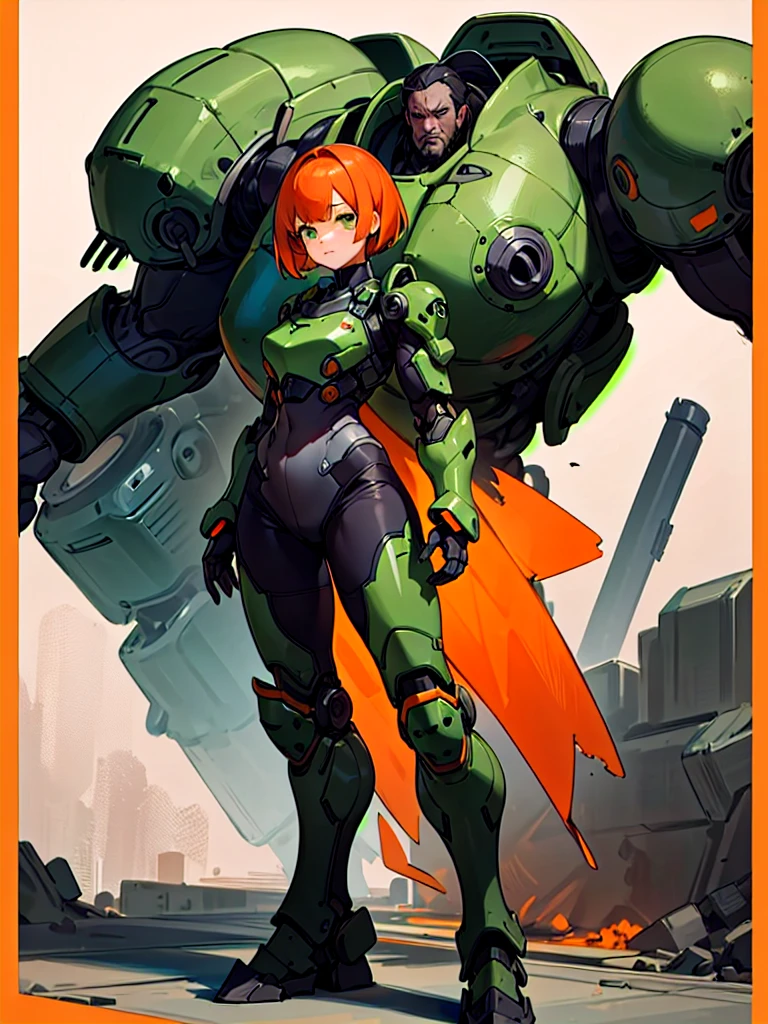 (masterpiece, best quality), (1girl, solo), short hair, orange hair, green eyes, dead eyes, standing, big bulky futuristic armora woman in a black orange suit of armor, Parrley_armor