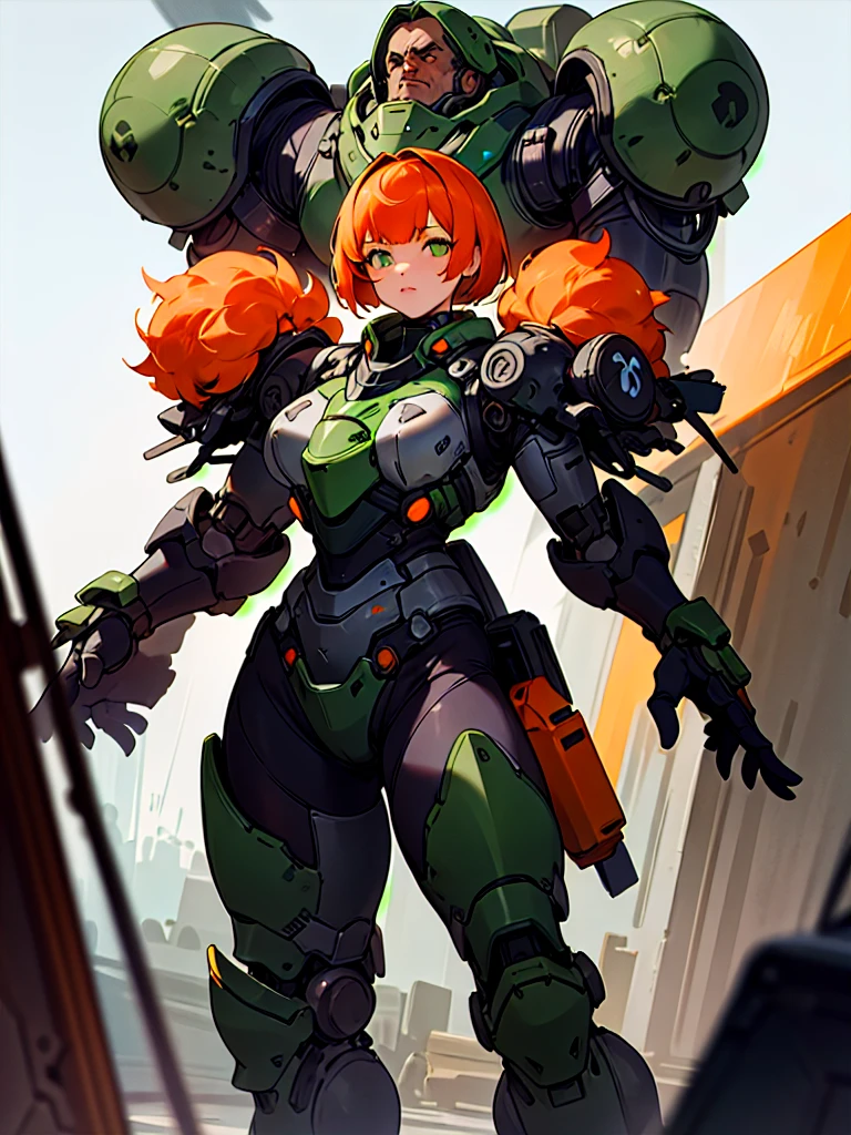 (masterpiece, best quality), (1girl, solo), short hair, orange hair, green eyes, dead eyes, standing, big bulky futuristic armora woman in a black orange suit of armor, Parrley_armor