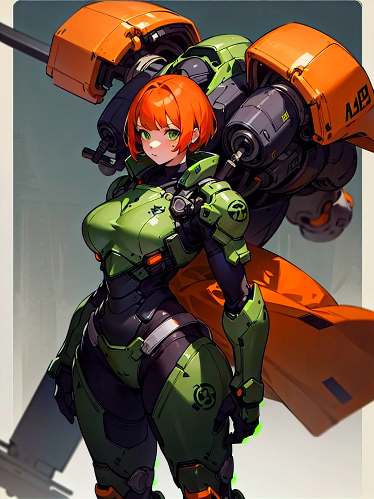 (masterpiece, best quality), (1girl, solo), short hair, orange hair, green eyes, dead eyes, standing, big bulky futuristic armora woman in a black orange suit of armor, Parrley_armor