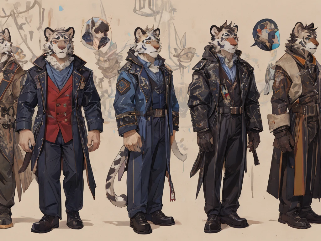 bara extremely handsome white tiger furry wearing purple suit purple trousers and white dress shirt and necktie, white fluffy furry body and limbs, loafers, very tall, broad shoulders, narrow waist, muscular, beautiful eyes, wearing neck collar, perfect paws, purple eyes, full body, best quality, high quality, silver earring on left ear, dead stare, cold expression, multiple views, character sheet