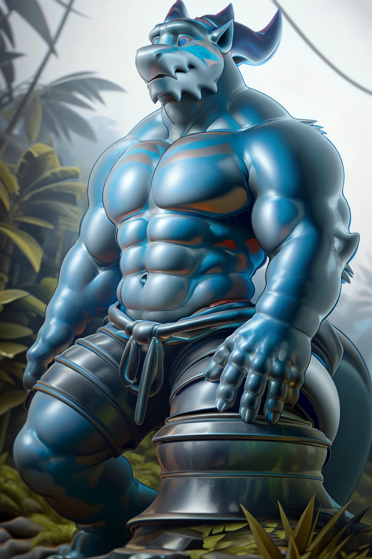 garr, dragon, (pose:1.3), (posing:1.3), (soft shading), 4k, hi res, five fingers, detailed hands, ((detailed face, (detailed eyes:1.3), detailed)), (full body),(by takahirosi:1.5), solo, looking at viewer, 1boy, jungle, navel, standing, full body, male focus, abs, grass, biceps, flexing, smile,