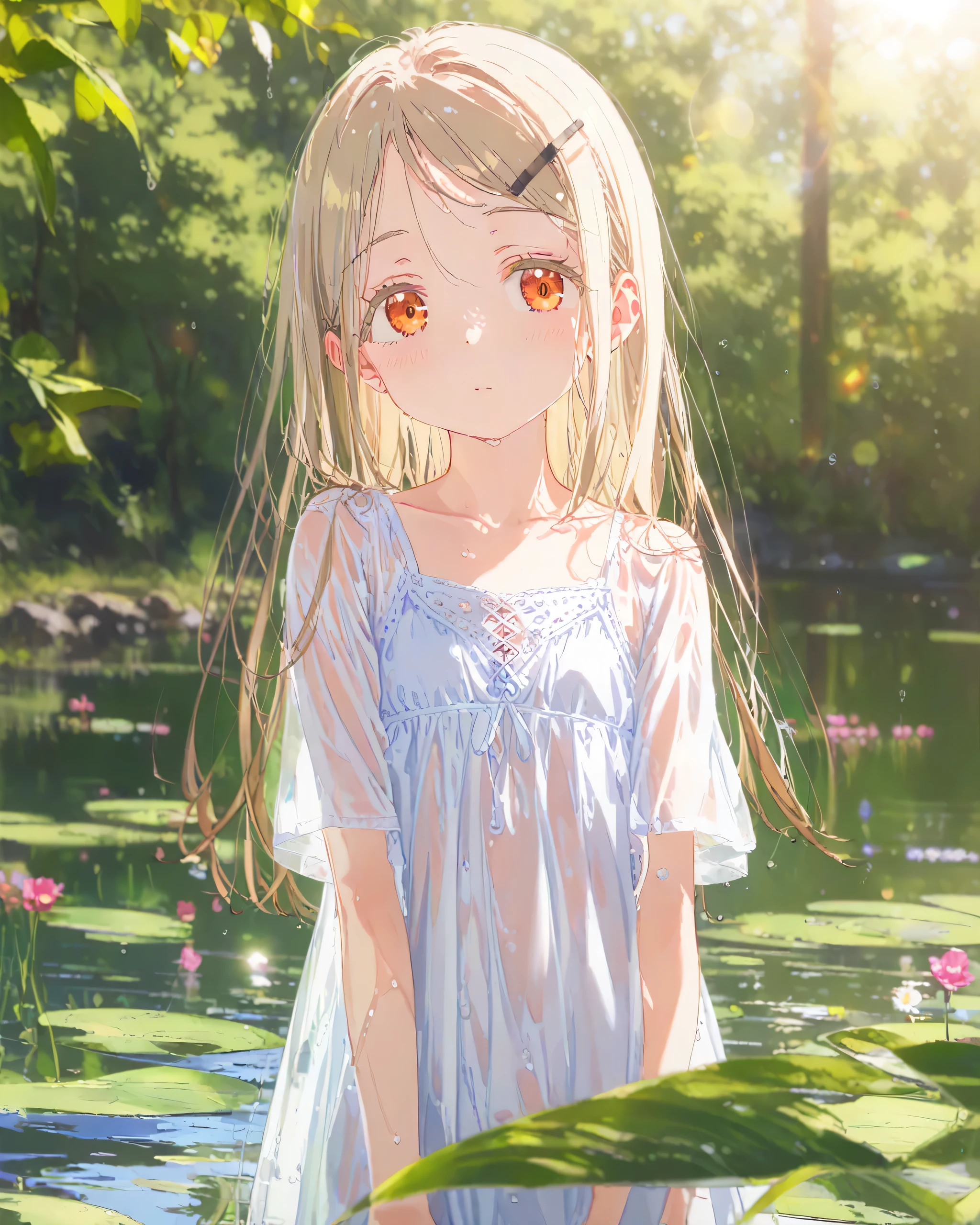 score_9,score,sauce_アニメ, Break 1 Girl, alone, shinosawa hiro, thin, Orange Eyes, White eyelashes, bionde, Long Hair, Hair Clip, , Flat Chest, slim, rib, Water Play, Dress Lift, wet, See-through silhouette, sunlight, light, bloom, Lens flare, dark, Cowboy Shot, From behind, Recall, (masterpiece:1.2, Highest quality), (Fine and beautiful eyes: 1.2), (Beautiful and dense face), (Sharp facial hair between the eyes)、Dynamic Pose Glossy Skin, Pale skin, Secret Realm, Small Lake, forest, Kneel on lake surface, Sunlight shadow, Depth of written boundary, close, close range