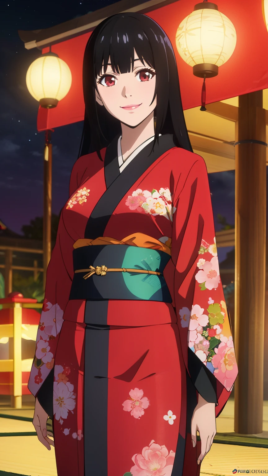 Ultra HD CGI animation 8k, Very detailed, Digital Art Painting, 1 girl, Pink Lips, Shiny, Happy, smile, Looking at the audience, Blunt bangs, Princess cut bangs, Black Hair, Long Hair,(Japanese clothing, red kimono, long sleeves, floral print, sash, summer festival, night, smiling face),(Cowboy Shot:1.2),