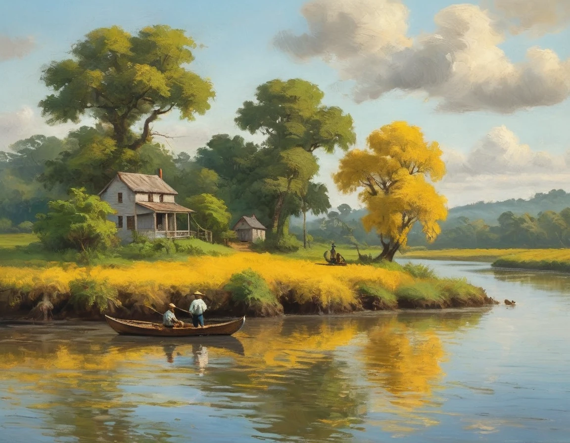 panoramic view, oil painting of an (((island in a river))) containing a colonial house of mud on the island. (((island))). Two men are fishing, a small canoe is anchored on the island, and a yellow ipê tree stands prominently. Midday light, vibrant reflections on the water, lively ambiance. Created Using: Bold brushstrokes, vivid colors, high contrast, detailed foliage, influenced by Van Gogh, hd quality, natural look