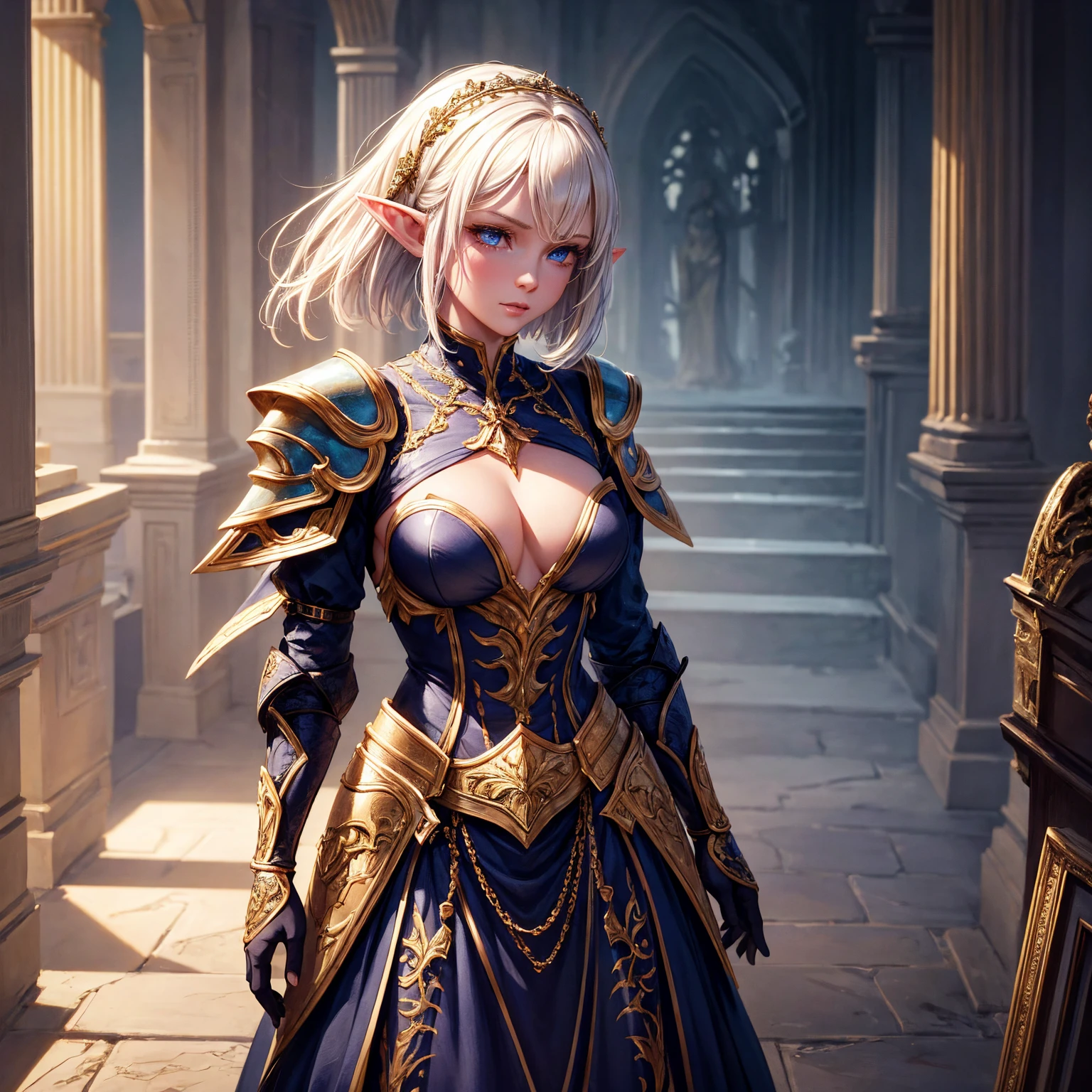 a woman, 1girl, elf, short bob gold hair, gold hair, very small breasts, long pointed ears, blue eyes, fair skin, happy face, heavy white armor plate, full body, full body, night, graveyard, light magic, very sexy body, detailed face, beautiful detailed eyes, beautiful detailed lips, extremely detailed eyes and face, long eyelashes, detailed clothing, intricate details, highly detailed, photo realistic, 8k, best quality, masterpiece, cinematic lighting, dramatic lighting, vibrant colors, fantasy, digital art, concept art