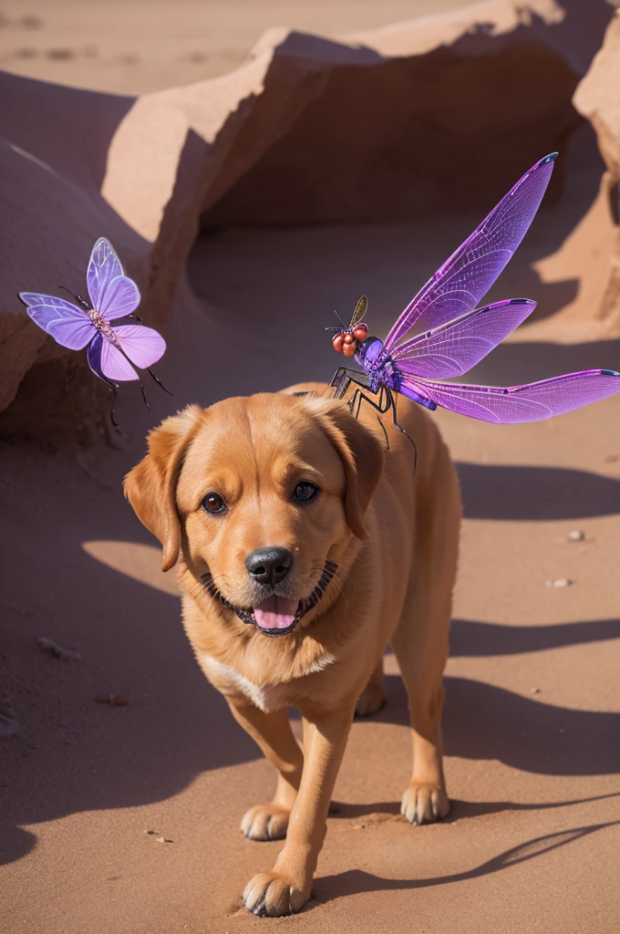 A caramel dog and a purple dragonfly in a desert