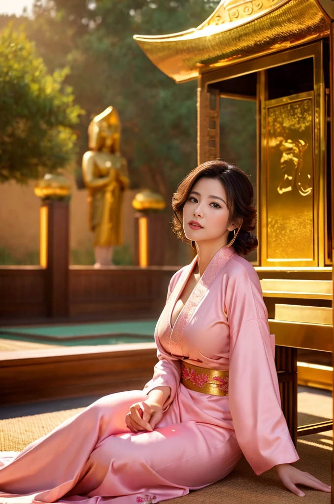 masterpiece, Highest quality,Large Breasts、pink kimono、Cinematic atmosphere、Professional composition、Natural Body、fantasy,sitting in front of a golden screen、flower arrangement、tatami、looking at the camera、real、nature