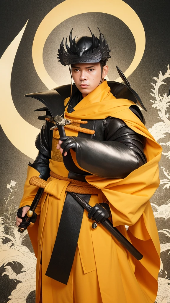shukezouma, negative space, , shuimobysim , 1 male, stand, yellow cloth set, (Samurai costume, dragon pattern, Japanese Swordsman), (masterpiece, best quality:1.2), traditional chinese ink painting, <lora:shuimobysimV3:0.7