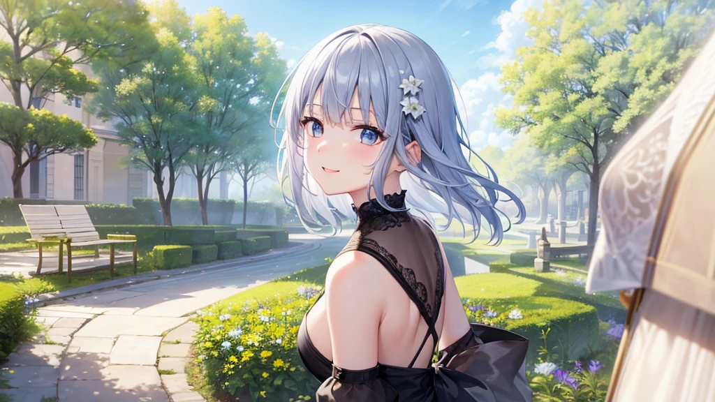 Ultra HD,Look at the viewers, Put your hands behind your back, With a girl, 20-year-old, 非常にShort Hair, Long bangs between the eyes, Pale blue eyes,  Very detailed,(masterpiece、Highest quality),Gray Hair、Laughter、Fantastic, Silver Hair, Iris,  Short hair、 Fluttering Hair、Small Face、明るいsmile、(Detailed face) ,Professional Lighting,Wonderful landscape,blue sky, sunlight,Looking down from above,Portraiture、Open your mouth、Flower Field、Her eyes were shining、Mysterious and enchanting atmosphere。With AI Painting、とてもShort Hair, Long bangs between the eyes, Very detailed,(masterpiece、Highest quality)、alone、Gray Hair、Fantasy, Silver Hair, Fantasyな風景、White shirt、smile、Open your mouth、short hair、Short Hair、hairpin、black eye、Grey Eyes、Beautiful Eyes、