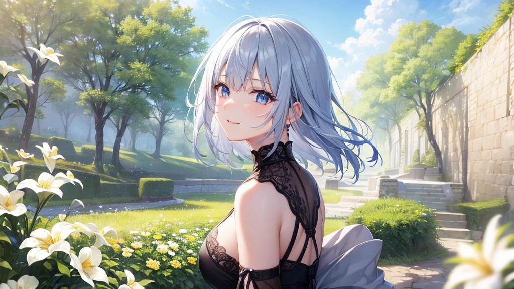 Ultra HD,Look at the viewers, Put your hands behind your back, With a girl, 20-year-old, 非常にShort Hair, Long bangs between the eyes, Pale blue eyes,  Very detailed,(masterpiece、Highest quality),Gray Hair、Laughter、Fantastic, Silver Hair, Iris,  Short hair、 Fluttering Hair、Small Face、明るいsmile、(Detailed face) ,Professional Lighting,Wonderful landscape,blue sky, sunlight,Looking down from above,Portraiture、Open your mouth、Flower Field、Her eyes were shining、Mysterious and enchanting atmosphere。With AI Painting、とてもShort Hair, Long bangs between the eyes, Very detailed,(masterpiece、Highest quality)、alone、Gray Hair、Fantasy, Silver Hair, Fantasyな風景、White shirt、smile、Open your mouth、short hair、Short Hair、hairpin、black eye、Grey Eyes、Beautiful Eyes、