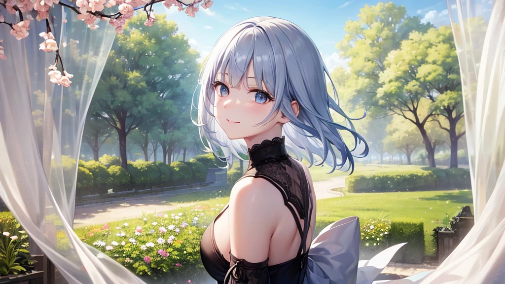 Ultra HD,Look at the viewers, Put your hands behind your back, With a girl, 20-year-old, 非常にShort Hair, Long bangs between the eyes, Pale blue eyes,  Very detailed,(masterpiece、Highest quality),Gray Hair、Laughter、Fantastic, Silver Hair, Iris,  Short hair、 Fluttering Hair、Small Face、明るいsmile、(Detailed face) ,Professional Lighting,Wonderful landscape,blue sky, sunlight,Looking down from above,Portraiture、Open your mouth、Flower Field、Her eyes were shining、Mysterious and enchanting atmosphere。With AI Painting、とてもShort Hair, Long bangs between the eyes, Very detailed,(masterpiece、Highest quality)、alone、Gray Hair、Fantasy, Silver Hair, Fantasyな風景、White shirt、smile、Open your mouth、short hair、Short Hair、hairpin、black eye、Grey Eyes、Beautiful Eyes、