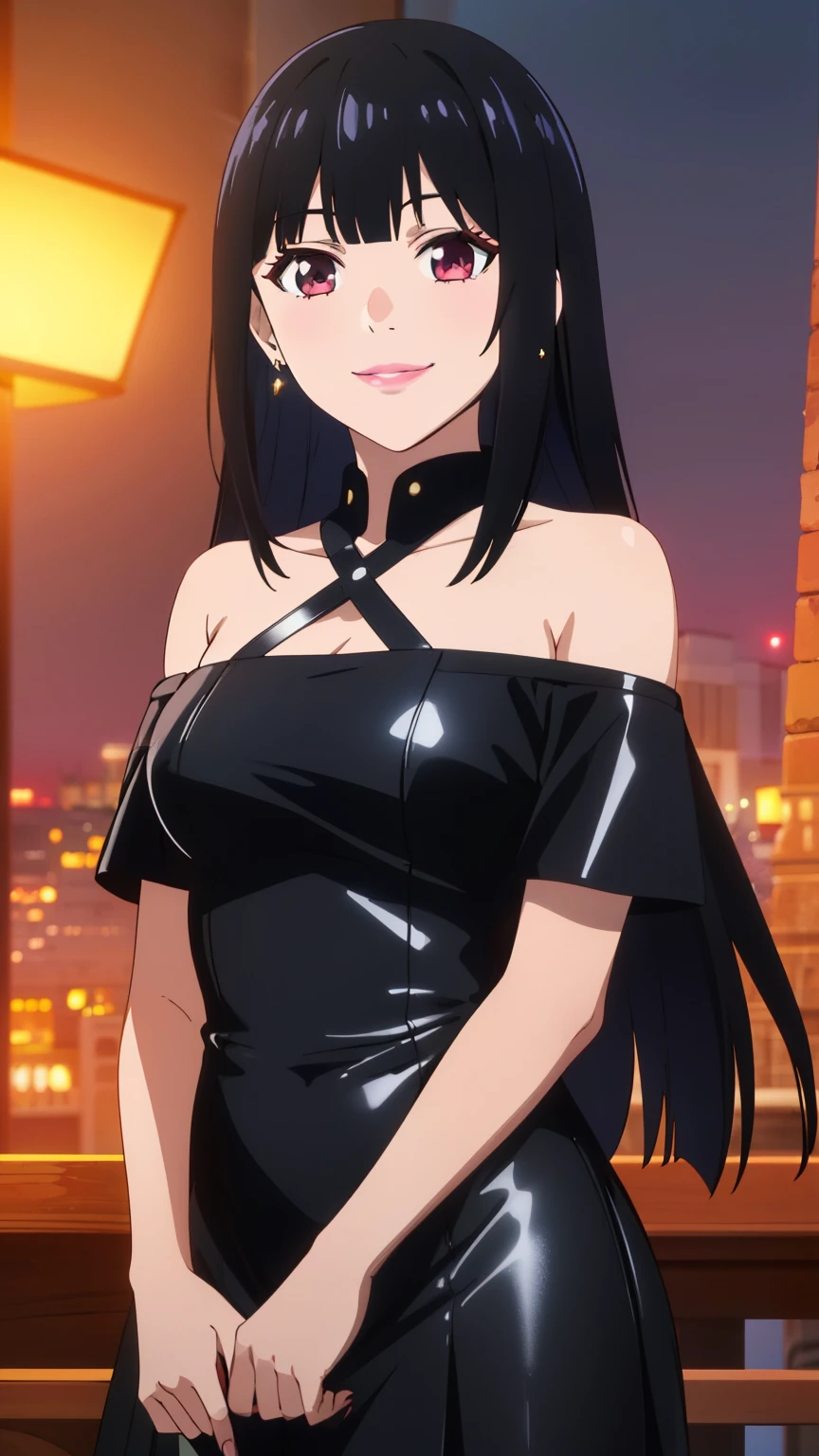 Ultra HD CGI animation 8k, Very detailed, Digital Art Painting, 1 girl, Pink Lips, Shiny, Happy, smile, Looking at the audience, Blunt bangs, Princess cut bangs, Black Hair, Long Hair,(black leather dress, off shoulder, earrings, evening),(Cowboy Shot:1.2),