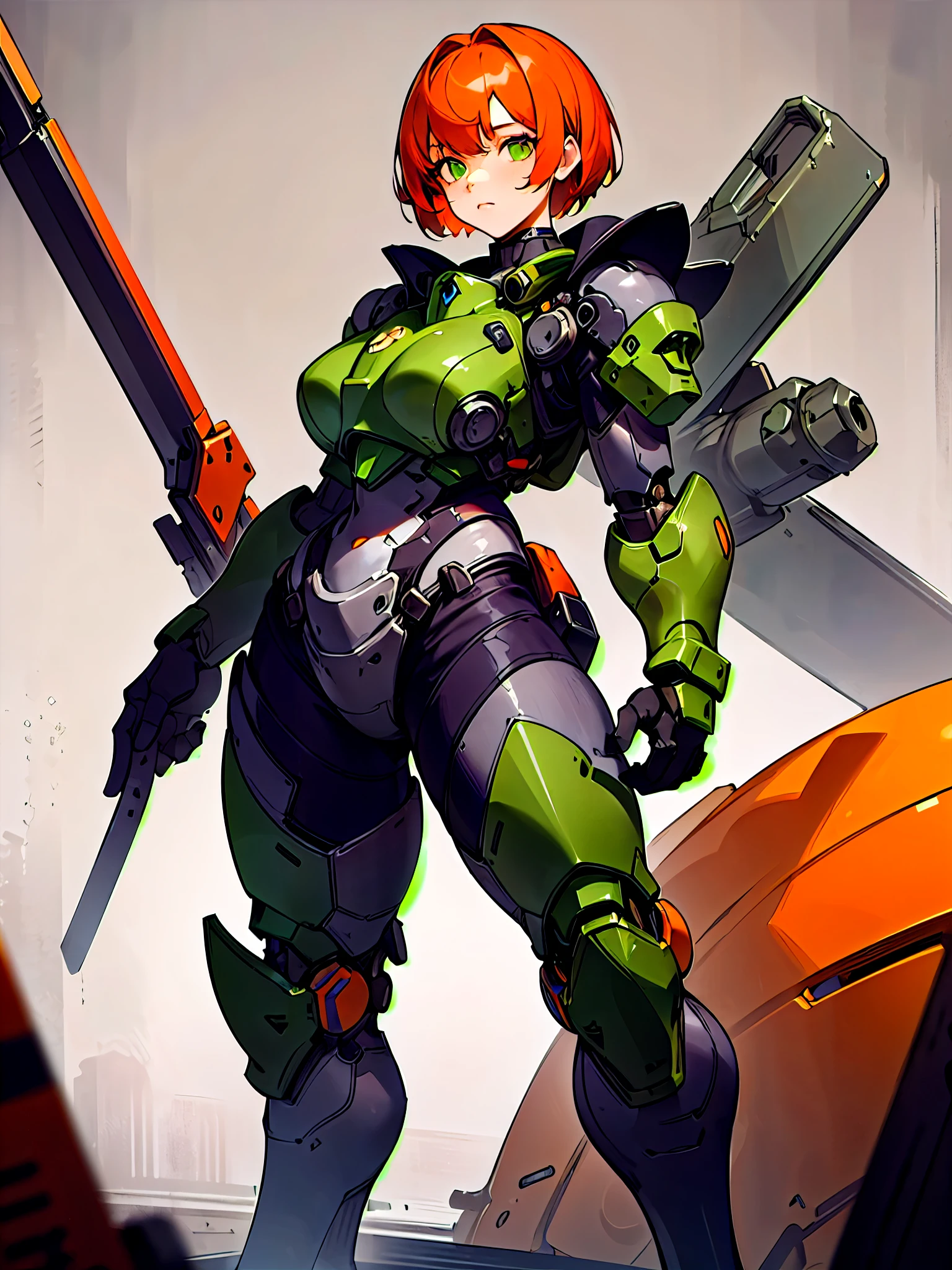 (masterpiece, best quality), (1girl, solo), short hair, orange hair, green eyes, dead eyes, standing, big bulky futuristic armora woman in a black orange suit of armor, Parrley_armor