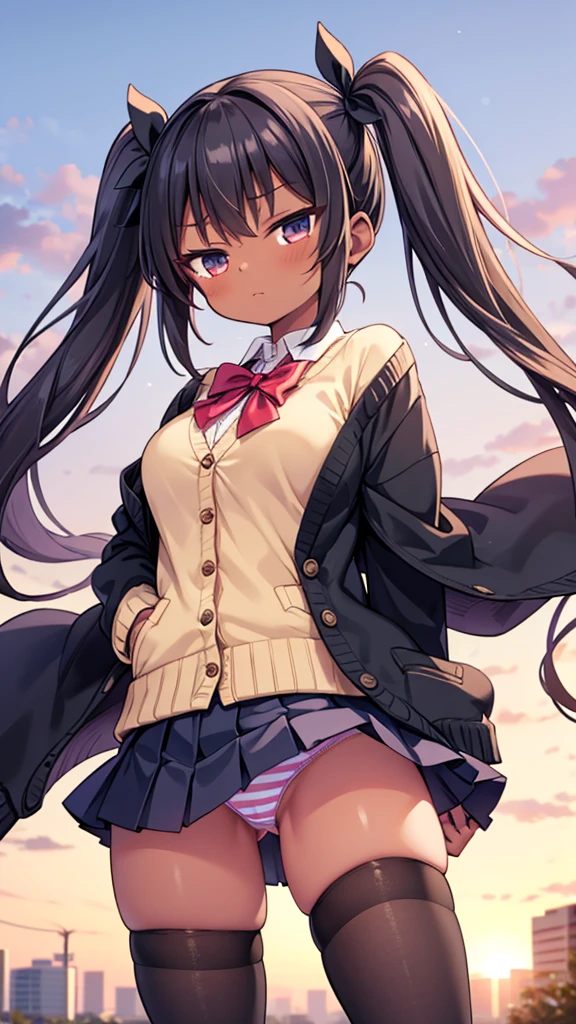 masterpiece, best quality, ultra detailed, 1girl, dark skin, twin tails, pleated skirt, thighhighs, cardigan, show striped panties, skirt fluttering in the wind, put hands hip, open legs,