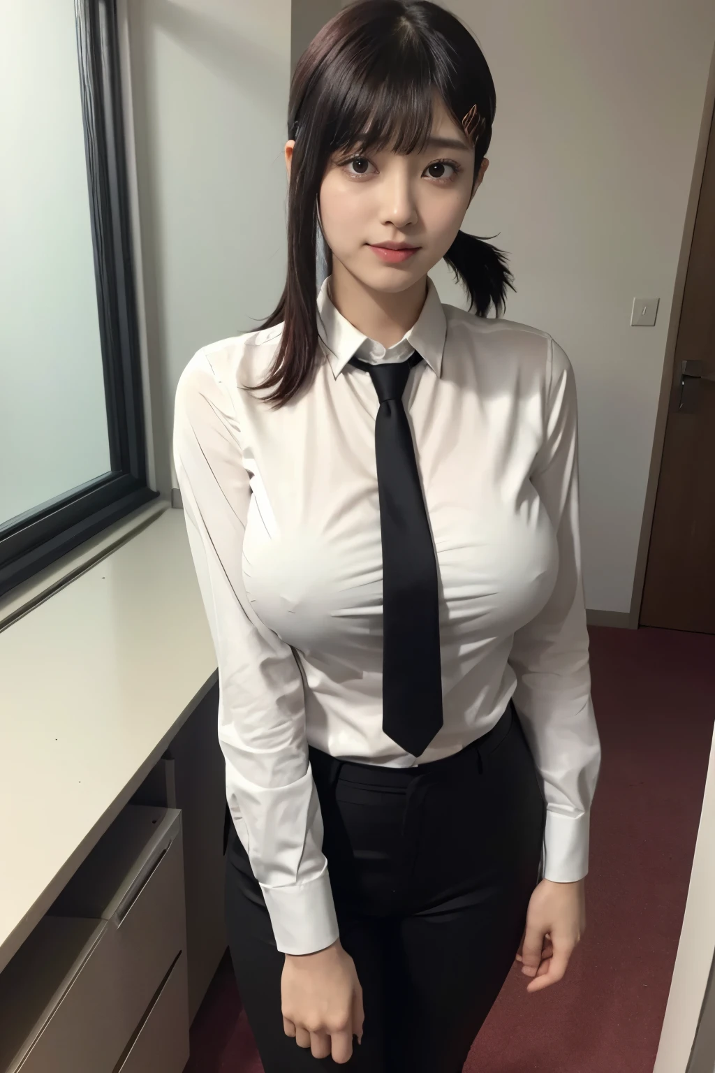 Highest quality、Ultra-high resolution、Professional Lighting、Detailed Background、workroom、full body,Kobeni-chan、A sloppy smile、25-year-old woman、beautiful girl、(Kobeni-chan、Jet black hair, Black Hair, bangs, One-sided hair,)、(Red Hair Clip:1.1)、(White shirt:1.2)+(Black tie:1.2)+(black long pants for work:1.2)、(Huge breasts that look like they might burst:1.2)、(Big thighs:1.1)、Are standing、Model pose