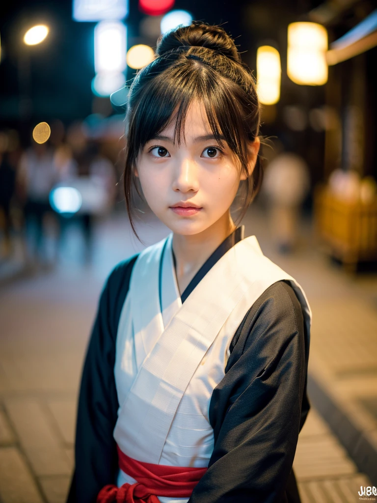 A baby faced, adorably cute Japanese girl, wearing a ronin samurai costume, unsheathing her katana sword, at the bustling street of edo period Tokyo at the dusk, realistic mouth, perfect eyes, thin lips, blushing cheeks, symmetrical face, bare face no make-up, accurate face, with realistic natural skin, soaked in sweat, subtle pores, tiny wrinkles, highly detailed skin, short-length hair, ponytail hairstyle, messy hair, voluminous hair, realistic background, natural background, realistic perspective, accurate perspective, realistic proportion, realistic reflection, best quality photos, hyper-realistic, photorealistic, realism, highly detailed, masterpiece, conceptual photography, fine-art photography, natural lighting, dynamic lighting, key visual, film still, 8K photo, UHD, HDR, taken with Canon EOS-1D X Mark III, depth of field, Technicolor, Panavision, cinemascope, cinematic color grading, dramatic angle, extreme angle shot