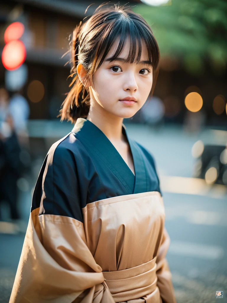 A baby faced, adorably cute Japanese girl, wearing a ronin samurai costume, unsheathing her katana sword, at the bustling street of edo period Tokyo at the dusk, realistic mouth, perfect eyes, thin lips, blushing cheeks, symmetrical face, bare face no make-up, accurate face, with realistic natural skin, soaked in sweat, subtle pores, tiny wrinkles, highly detailed skin, short-length hair, ponytail hairstyle, messy hair, voluminous hair, realistic background, natural background, realistic perspective, accurate perspective, realistic proportion, realistic reflection, best quality photos, hyper-realistic, photorealistic, realism, highly detailed, masterpiece, conceptual photography, fine-art photography, natural lighting, dynamic lighting, key visual, film still, 8K photo, UHD, HDR, taken with Canon EOS-1D X Mark III, depth of field, Technicolor, Panavision, cinemascope, cinematic color grading, dramatic angle, extreme angle shot