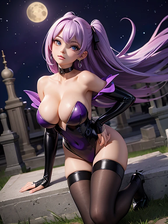 A woman in a purple and black outfit, morrigan aenlsand style, in the cemetery under the moonlight.