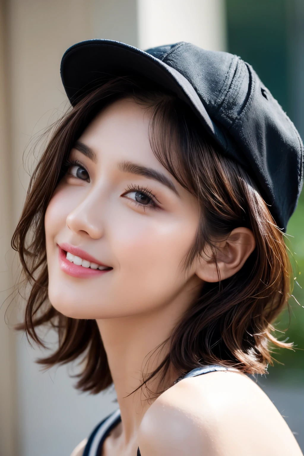 Masterpiece, HD, 8K, A boyish high school girl, a captivating and minimalist illustration, wearing a black cap at an angle, (mischievous smile), head tilted slightly, face delicately drawn at a 45 degree angle in the center, (short chestnut hair), chin tucked in and eyes looking up, light brown eyes, highlights in the pupils, plump cheeks and lips, beautiful dark skin, small face, all of which are accentuated with a devilish touch, fragile and delicate,