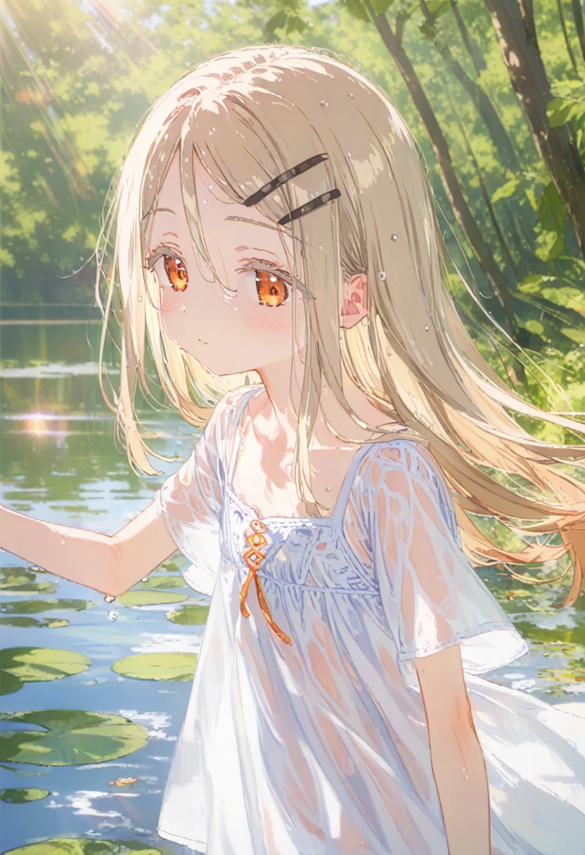 score_9,score,sauce_アニメ, Break 1 Girl, alone, shinosawa hiro, thin, Orange Eyes, White eyelashes, bionde, Long Hair, Hair Clip, , Flat Chest, slim, rib, Water Play, Dress Lift, wet, See-through silhouette, sunlight, light, bloom, Lens flare, dark, Cowboy Shot, From behind, Recall, (masterpiece:1.2, Highest quality), (Fine and beautiful eyes: 1.2), (Beautiful and dense face), (Sharp facial hair between the eyes)、Dynamic Pose Glossy Skin, Pale skin, Secret Realm, Small Lake, forest, Kneel on lake surface, Sunlight shadow, Depth of written boundary, close, close range
