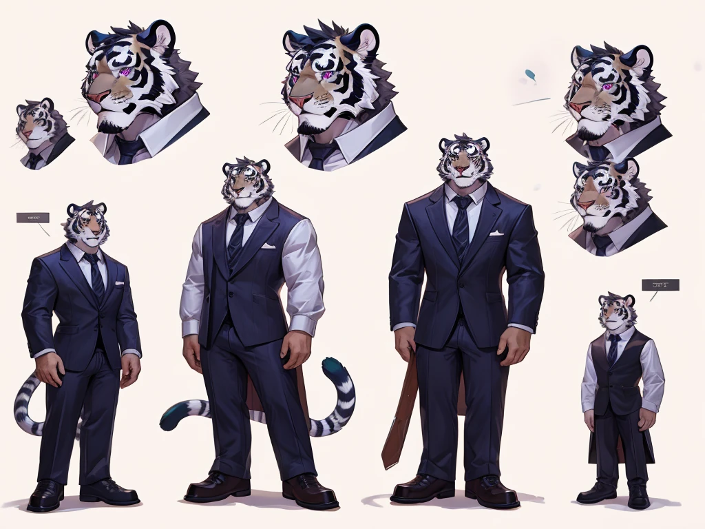 bara extremely handsome white tiger furry wearing purple suit purple trousers and white dress shirt and necktie, white fluffy furry body and limbs, loafers, very tall, broad shoulders, narrow waist, muscular, beautiful eyes, wearing neck collar, perfect paws, purple eyes, long legs, full body, best quality, high quality, silver earring on left ear, dead stare, cold expression, multiple views, character sheet
