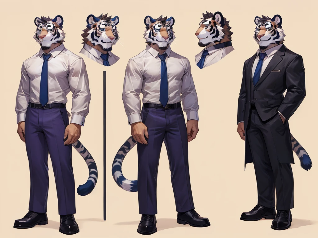 bara extremely handsome white tiger furry wearing purple suit purple trousers and white dress shirt and necktie, white fluffy furry body and limbs, loafers, very tall, broad shoulders, narrow waist, muscular, beautiful eyes, wearing neck collar, perfect paws, purple eyes, long legs, full body, best quality, high quality, silver earring on left ear, dead stare, cold expression, multiple views, character sheet