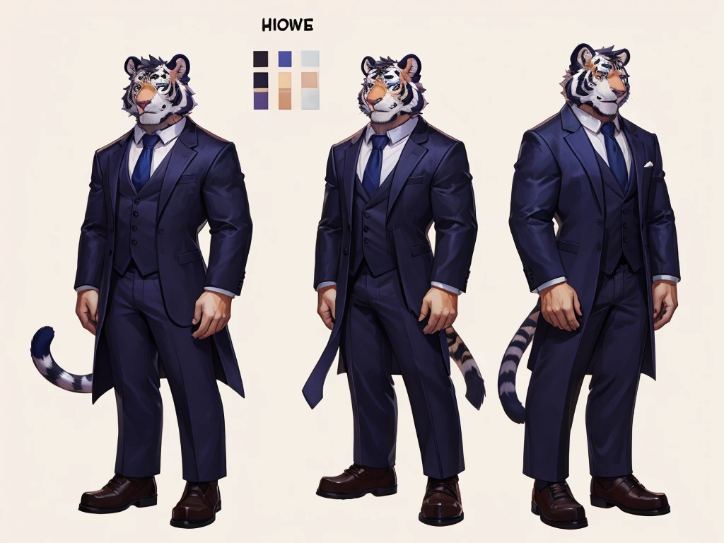 bara extremely handsome white tiger furry wearing purple suit purple trousers and white dress shirt and necktie, white fluffy furry body and limbs, loafers, very tall, broad shoulders, narrow waist, muscular, beautiful eyes, wearing neck collar, perfect paws, purple eyes, long legs, full body, best quality, high quality, silver earring on left ear, dead stare, cold expression, multiple views, character sheet