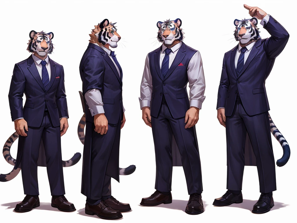 bara extremely handsome white tiger furry wearing purple suit purple trousers and white dress shirt and necktie, white fluffy furry body and limbs, loafers, very tall, broad shoulders, narrow waist, muscular, beautiful eyes, wearing neck collar, perfect paws, purple eyes, long legs, full body, best quality, high quality, silver earring on left ear, dead stare, cold expression, multiple views, character sheet