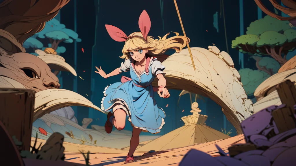 make an illustration of Alice from the movie "Alice in Wonderland" falling down the rabbit hole blonde alice