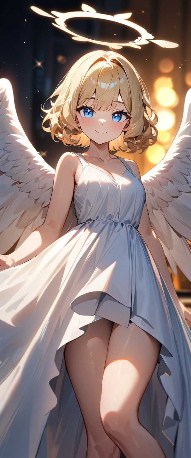 (((One girl))), (((cowboy shot))), ((flying)), ((angel, big big white wings:1.2, halo:1.3)), Uriel, greek mythology white costume, bare legs, ((wavy hair, outward curled hair)), evening, Sunset, ((blond hair, bob cut:1.3)), breasts, standard body, (looking at viewer), oversized clothes, collarbone, head tilt:1.3, (((blue eye))), ((happy smile)), (((anime style))), (best quality, 4K, 8K, highres, masterpiece:1.2, ultra-detailed, ultra-detailed eyes, HDR, uhd, studio lighting, ultra-fine painting, sharp focus, physically-based rendering, extreme detail description, professional, vivid colors, bokeh), ((Highest quality, Best image quality, Ultra-high resolution, Ultra-high resolution, solo, Strong eye highlights)), Depth of written boundary, Natural soft light, attractive, Beautiful Face, Cleanliness, Pure Face, medium chest, Beautiful Face, Perfect Fingers, Perfect hands, Perfect body, Perfect Face, Shine a light into your eyes, Perfect Anatomy