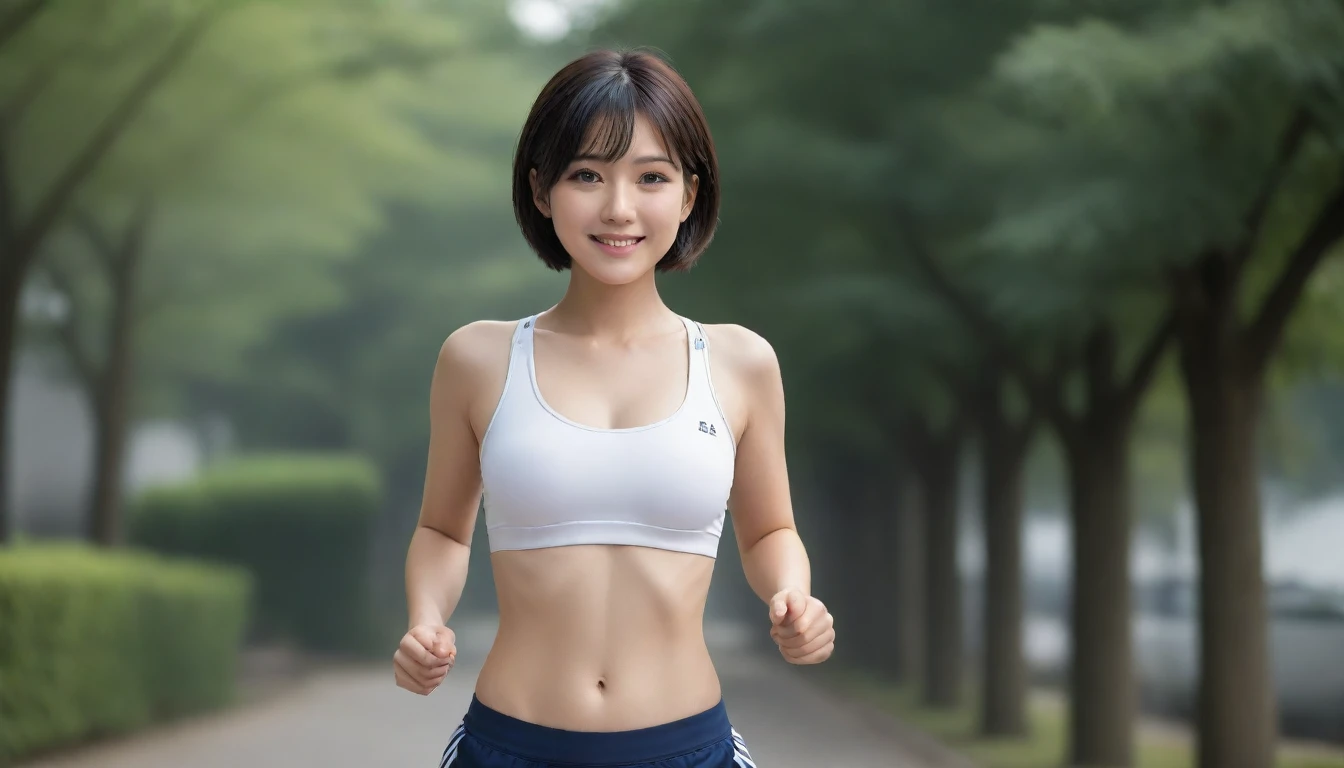 8K, Ultra-high resolution, Highest quality, masterpiece, 三分割法によるphotograph,Surreal, photograph, 1 Girl, (Age 25:1.3), pretty girl, Cute face, Beautiful eyes in every detail, 細かくdetailedに,masterpiece,, One Girl:1.2, Japan Female Announcer,Young Wife,Close Up,Outdoor,street tree,Asahi,Jogging Wear,Sports Bra,Shorts,Feel-good sweat,A refreshing smile,Black Hair,Short Bob,(((Ideal body type))),A-cup small breasts :2,、Portraiture:2、Perfect Anatomy、鮮明なdetailed、detailed、Surreal、Light and shadow,Strong light
