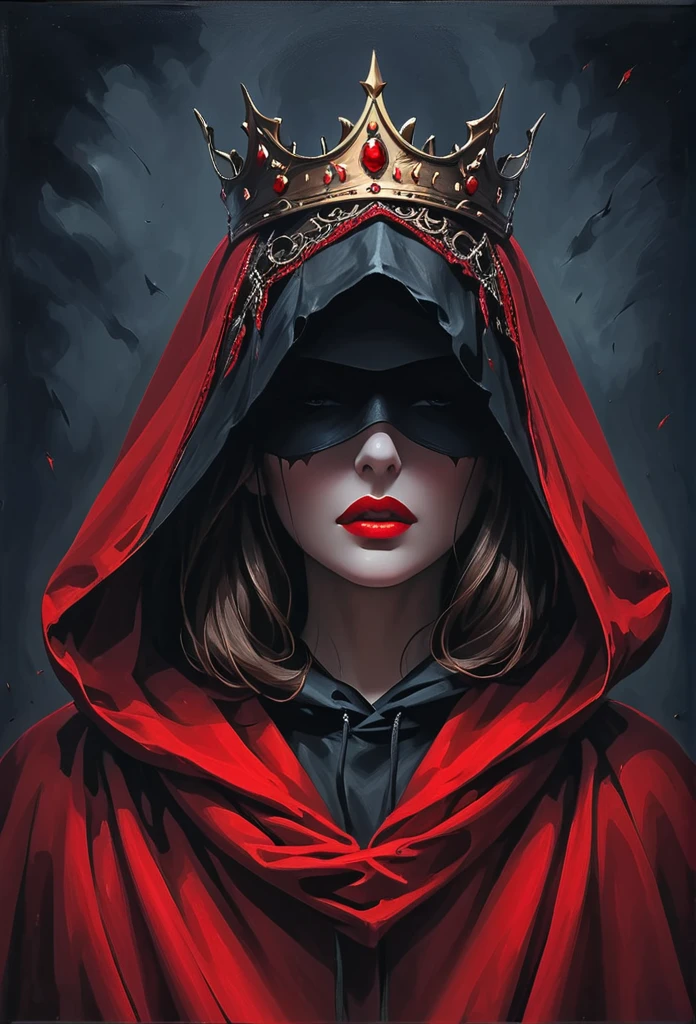 An oil painting：1Mysterious Woman，wearing a hooded cloak，The cloak covers the eyes，Red crown，Red lips，Dark background，fear，