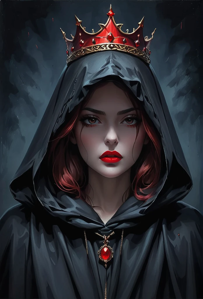 An oil painting：1Mysterious Woman，wearing a hooded cloak，The cloak covers the eyes，Red crown，Red lips，Dark background，fear，