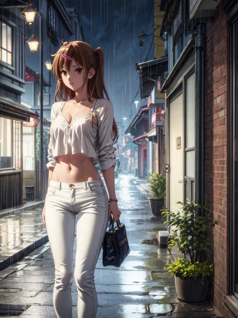 Girl, White jeans Low Rise , Blue Unbuttoned  Blouse, You can see her breasts,  street background, openlegs, night, Narrow alley between houses, night, rain, Sneakers, Bare chest, small breast, slim body, You can see the thong 