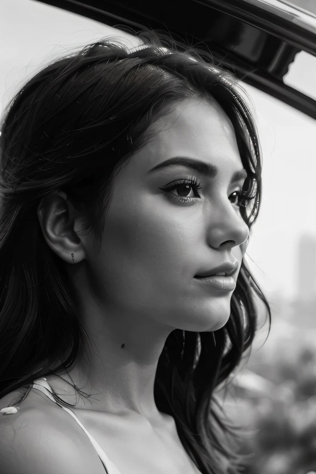 close up of beautiful woman's face, side view, black and white