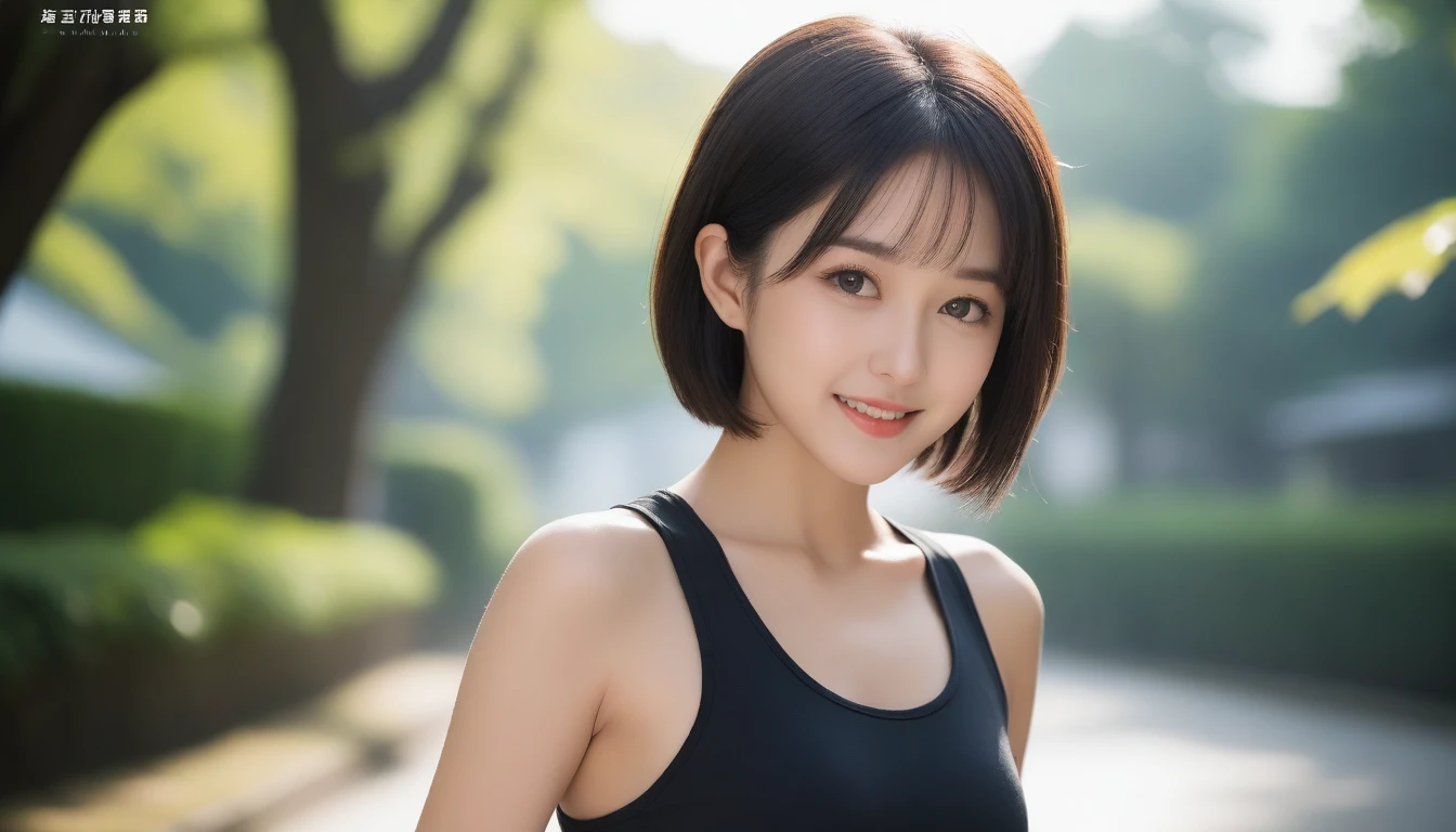 8K, Ultra-high resolution, Highest quality, masterpiece, 三分割法によるphotograph,Surreal, photograph, 1 Girl, (Age 25:1.3), pretty girl, Cute face, Beautiful eyes in every detail, 細かくdetailedに,masterpiece,, One Girl:1.2, Japan Female Announcer,Young Wife,Close Up,Outdoor,street tree,Asahi,Jogging Wear,Sports Bra,Shorts,Feel-good sweat,A refreshing smile,Black Hair,Short Bob,(((Ideal body type))),A-cup small breasts :2,、Portraiture:2、Perfect Anatomy、鮮明なdetailed、detailed、Surreal、Light and shadow,Strong light
