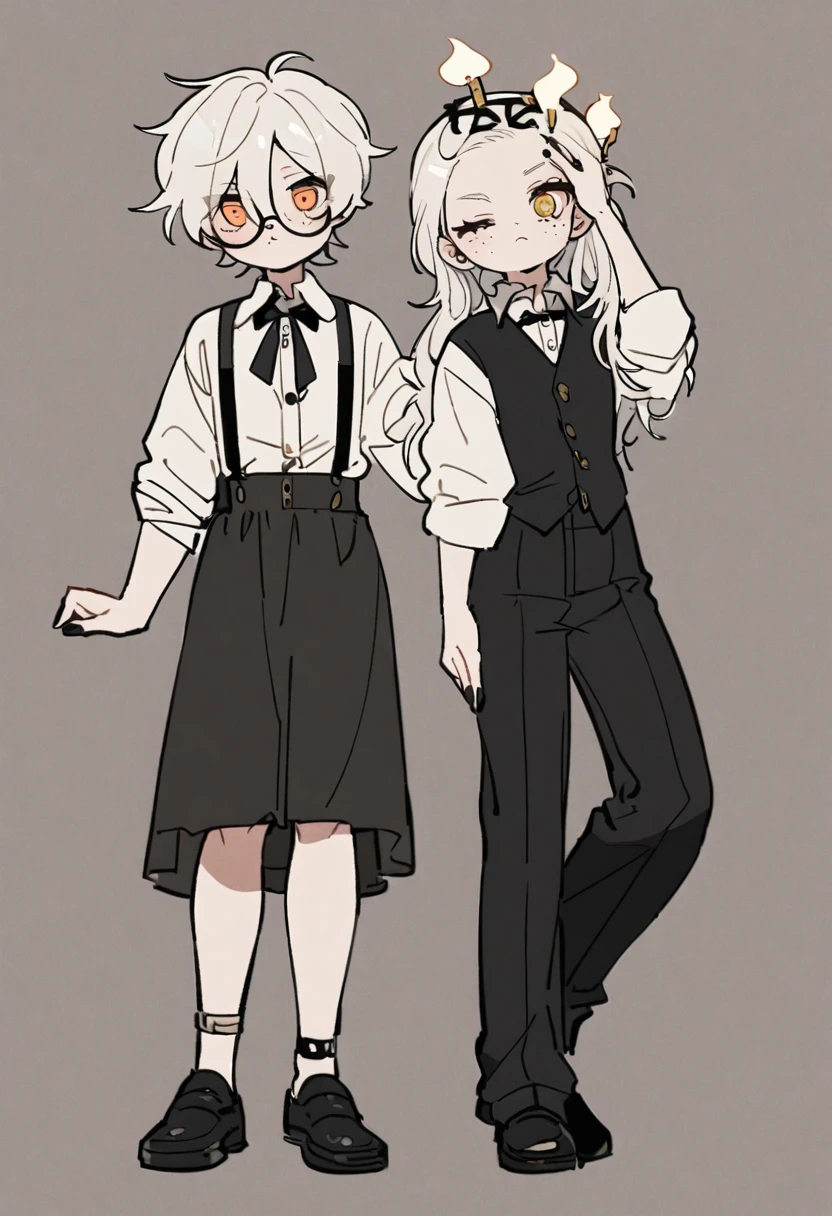 a cartoon sleep-deprived short androgynous ghost. with fluffy short bright beige off-white hair, large tuft of hair covering the left eye, amber eyes, a lot of freckles, painted black nails, a lit candle wick sticking out the top of their head. They are wearing a pair of small metal framed oval glasses, a bright beige off-white button up shirt with the sleeves rolled up, a black waistcoat with white buttons, a black tie, black dress pants with bright beige off-white suspenders hanging at the sides, black dress shoes