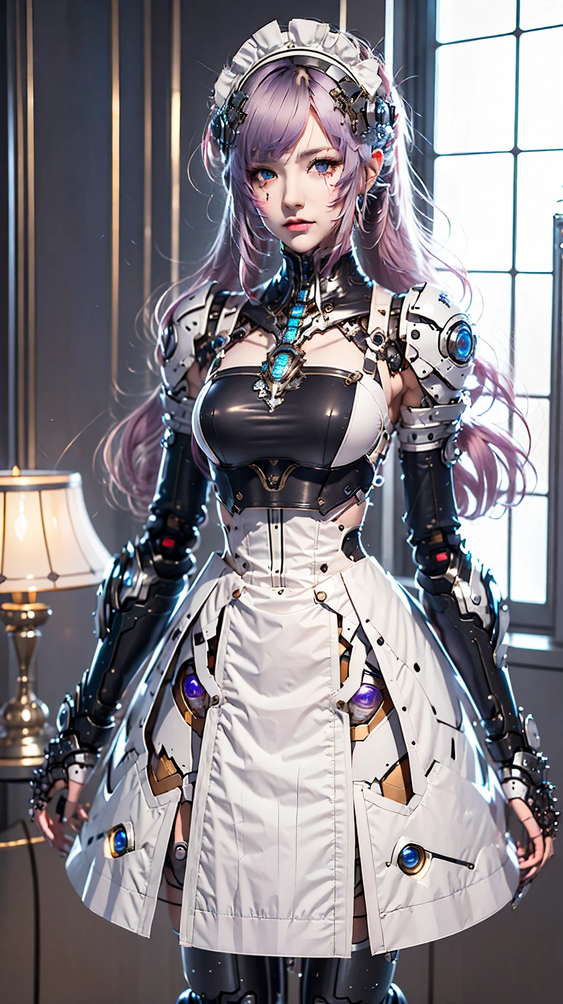 Very detailed, Advanced Details, high quality, 最high quality, High resolution, 1080P, HD, 4K,  beautiful,(Machine),beautiful cyborg mixed maid female, Mecha Cyborg Girl,Mecha Body Girl,She is wearing a futuristic mech, victorian maid dress, from the front, From the skirt up,A cute room for children, bed room, bed,