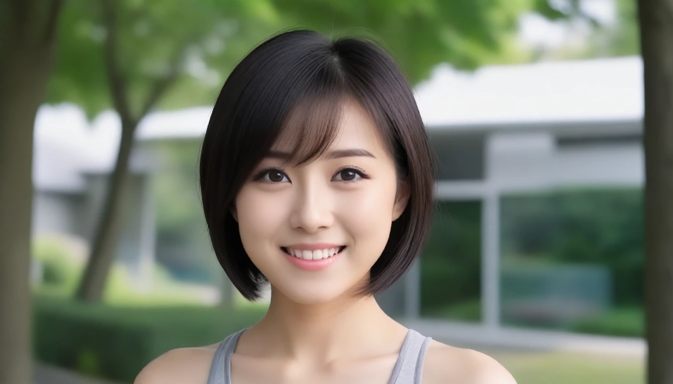 8K, Ultra-high resolution, Highest quality, masterpiece, 三分割法によるphotograph,Surreal, photograph, 1 Girl, (Age 25:1.3), pretty girl, Cute face, Beautiful eyes in every detail, 細かくdetailedに,masterpiece,, One Girl:1.2, Japan Female Announcer,Young Wife,Close Up,Outdoor,street tree,Asahi,Jogging Wear,Sports Bra,Shorts,Feel-good sweat,A refreshing smile,Black Hair,Short Bob,(((Ideal body type))),A-cup small breasts :2,、Portraiture:2、Perfect Anatomy、鮮明なdetailed、detailed、Surreal、Light and shadow,Strong light