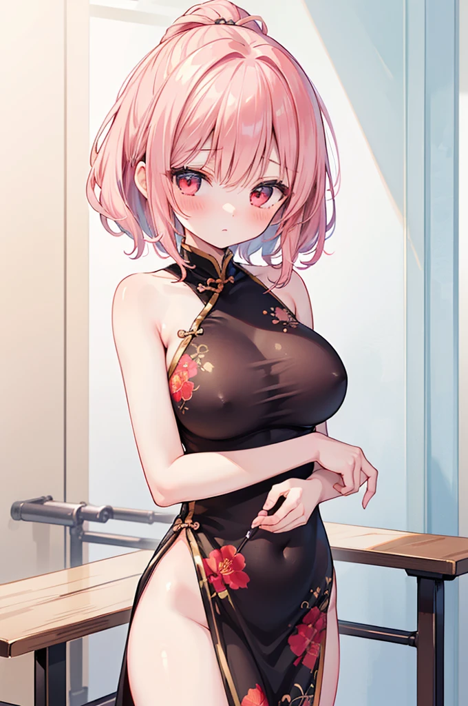 nsfw,((Masterpiece)),((high resolution)),((Best Quality)),Anime illustration,(((1girl))),(wavy hair),(short hair),(pale pink hair color),small ponytail,Red eyes,(Big round eyes),((tareme)),,((baby face)),g breasts)),Short stature,,,(china dress),blush,I&#39;m very embarrassed,Are crying,BDSM,((restrained)),rope bondage,bound arms,bound breasts,arms behind back,