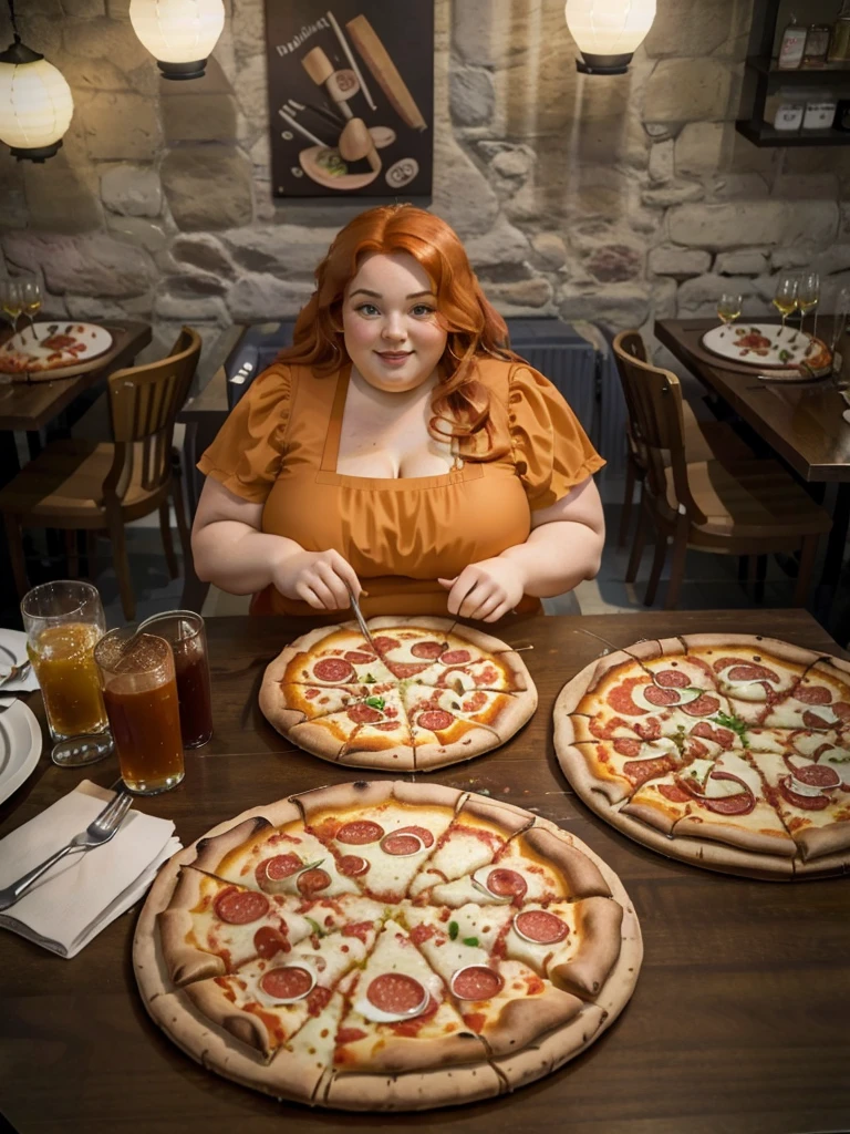 A Pov you are on a date, Pov happy and detailed photo of a cute ginger freckled SSBBW, with long wavy ginger hair, with big soft fat belly, small saggy breasts in a cute orange dress, sitting at a small table in a beautiful authentic italian restaurant at night, there is one giant family-sized pizza ahead of her, she is sitting on a chair behind a small table and huge pizza