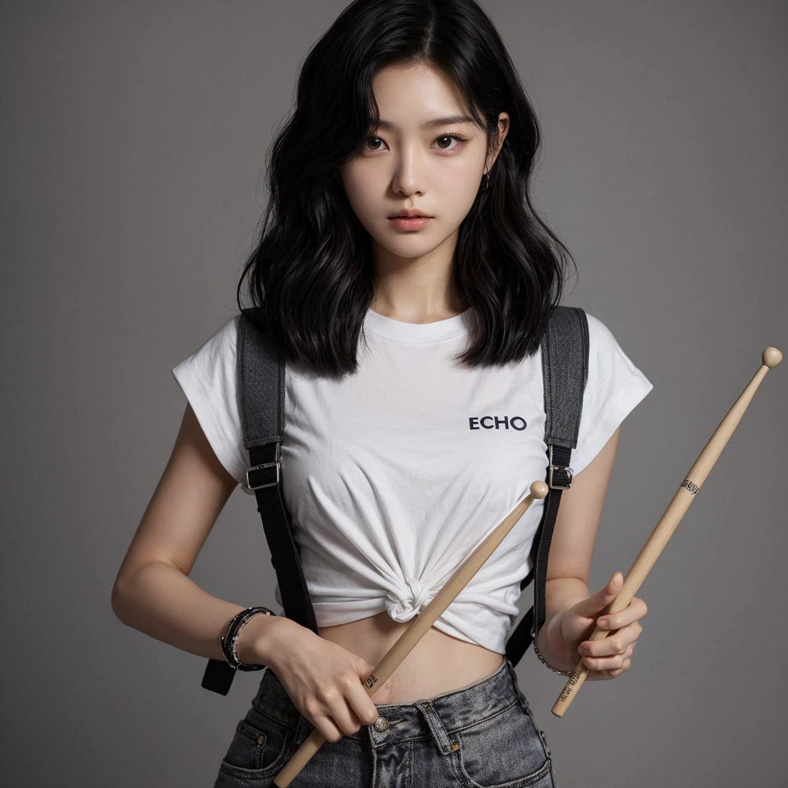 A 20-year-old Korean girl with medium-length black wavy bob hair, medium bust size, medium arm size, a perfect body, and an athletic build. She is wearing a plain white T-shirt with the word "ECHO" on it and a vest. With a serious expression, she looks at the camera while holding drumsticks in her left and right hands. Her arms are straight at her sides. The background is gray.