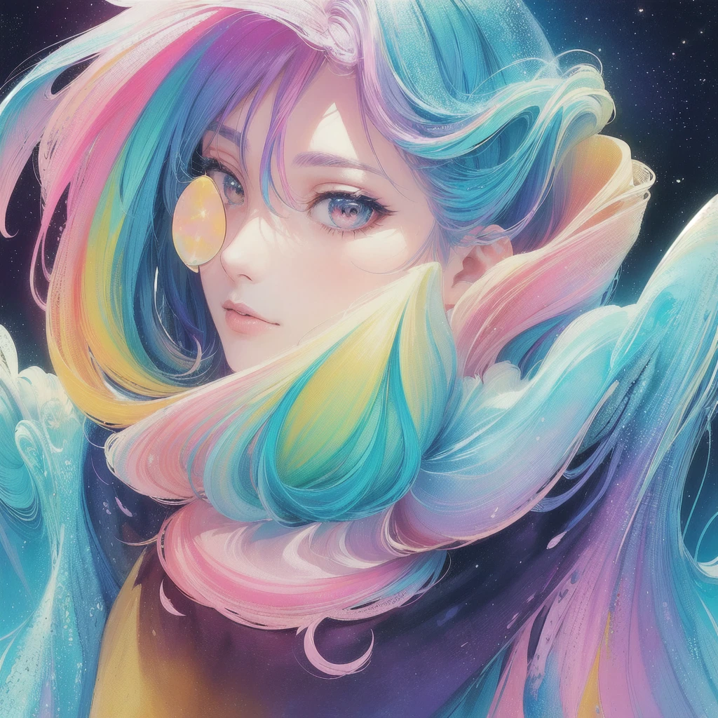 (masterpiece, top quality, best quality,watercolor (medium),official art, beautiful and aesthetic:1.2),(1girl:1.3), (fractal art:1.3),upper body, from side, looking at viewer,patterns,(rainbow color Hair,colorful hair,half blue and half pink hair:1.2),water,liquid, cloud,colorful, starry,stars,
