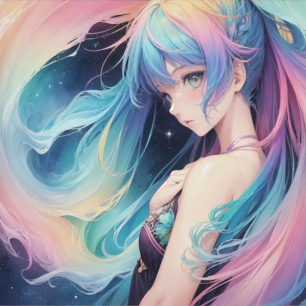 (masterpiece, top quality, best quality,watercolor (medium),official art, beautiful and aesthetic:1.2),(1girl:1.3), (fractal art:1.3),upper body, from side, looking at viewer,patterns,(rainbow color Hair,colorful hair,half blue and half pink hair:1.2),water,liquid, cloud,colorful, starry,stars,