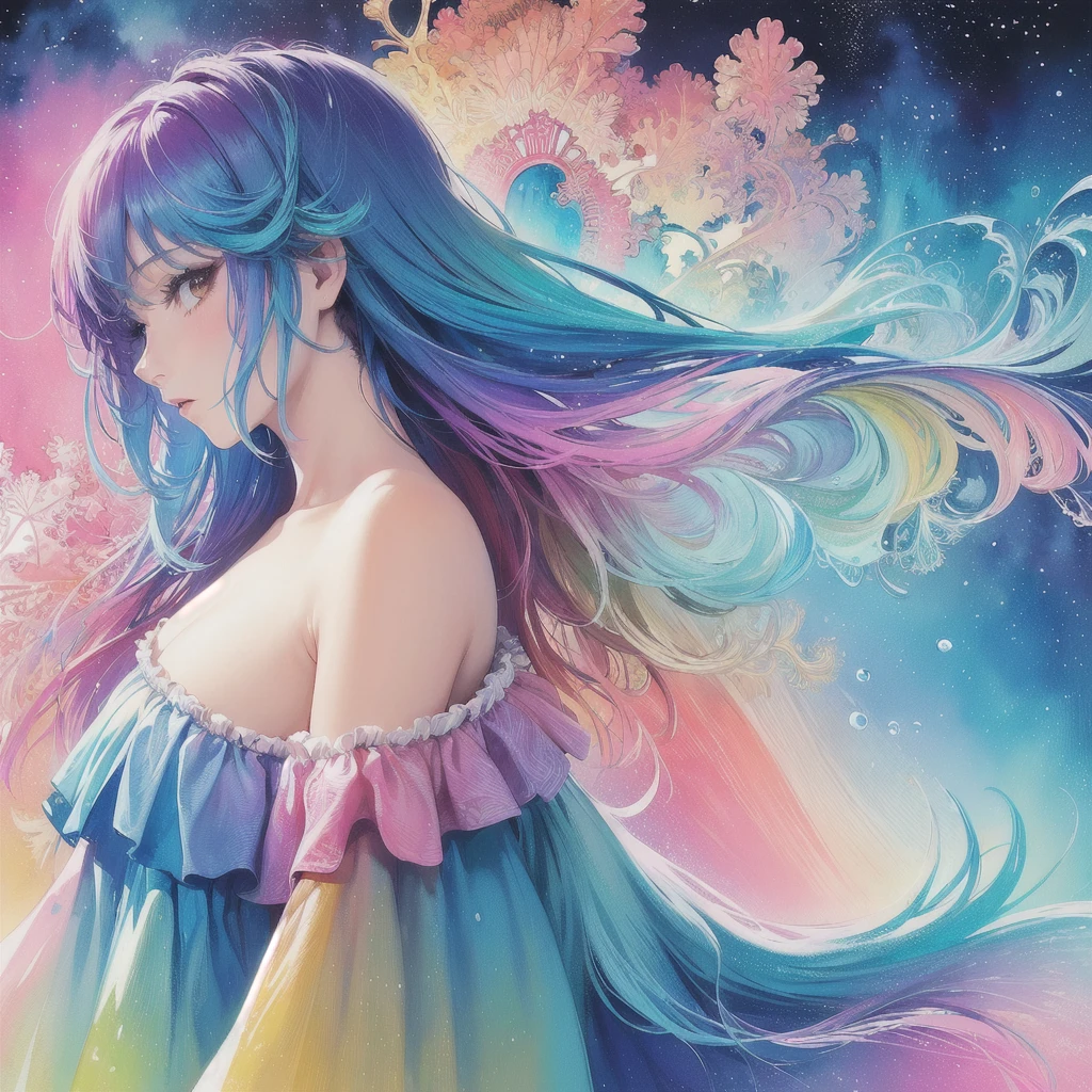 (masterpiece, top quality, best quality,watercolor (medium),official art, beautiful and aesthetic:1.2),(1girl:1.3), (fractal art:1.3),upper body, from side, looking at viewer,patterns,(rainbow color Hair,colorful hair,half blue and half pink hair:1.2),water,liquid, cloud,colorful, starry,stars,
