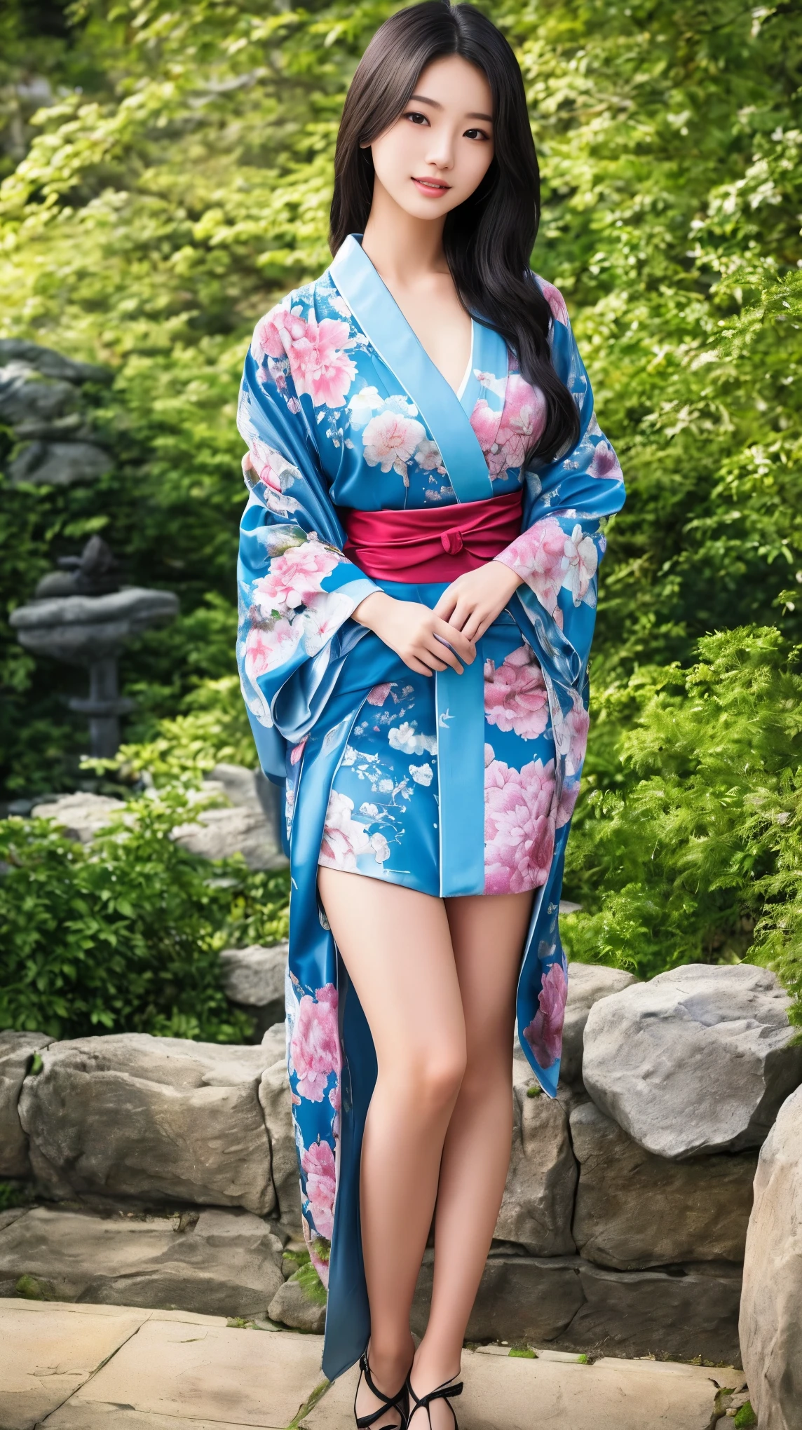 最high quality、high quality、Best image quality、8K、最High resolution、High resolution、最high quality、masterpiece、RAW Photos、whole body写真、Detailed and realistic human body、Detailed and realistic skin、Realistic face in every detail、Detailed and realistic eyes、Detailed and realistic lips、Detailed and realistic teeth、Detailed and realistic ears、Detailed and realistic hair、Realistic reproduction of every detail、((Beautiful Hands(thumb１、reference４))、Realistic feet down to the last detail、((Beautiful Japanese Girl))、(Japanese Model)、((18 year old beautiful girl))、(Black Hair)、(Traditional Japanese Hairstyles)、((whole body))、((Slim and perfect figure))、(Beautiful and firm breasts)、(whole body光沢肌、Fair skin)、Soft natural light、Mini Kimono、Sexy Kimono、Erotic Kimono、Japanese tradition、Japanese garden、((Colorful floral kimono))、((Relax in the garden(Poses to make your thighs look beautiful))