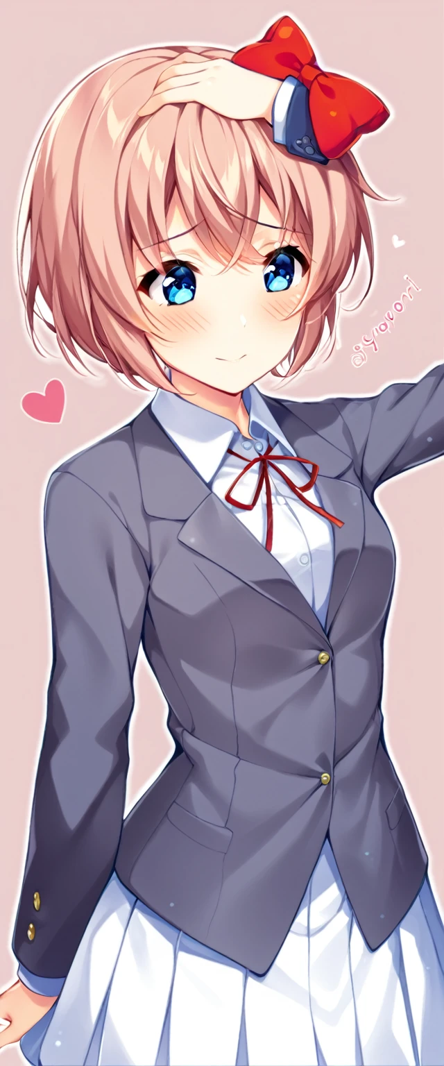one girl, lovely, blazer, Sayori, my childhood friend, cute, short hair, blush, light blue eyes, hair bow, I stroke her head, look at me, my hand on her head