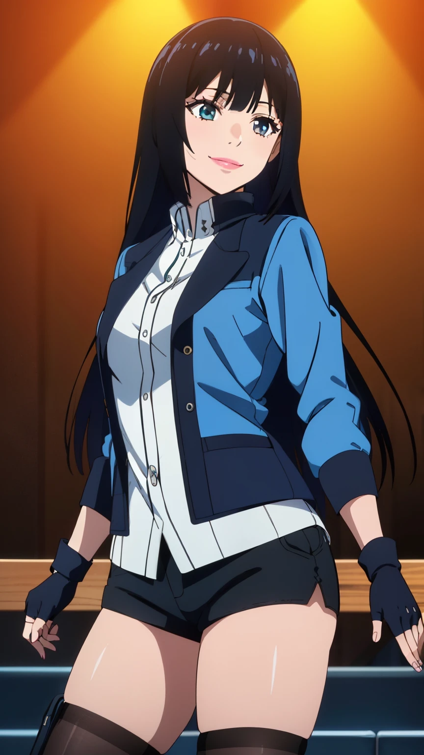 Ultra HD CGI animation 8k, Very detailed, Digital Art Painting, 1 girl, Pink Lips, Shiny, Happy, smile, Looking at the audience, Blunt bangs, Princess cut bangs, Black Hair, Long Hair,(blue jacket, black gloves, black shorts, fingerless gloves, blue legwear, jacket, long sleeves, open jacket, short shorts),(Cowboy Shot:1.2),