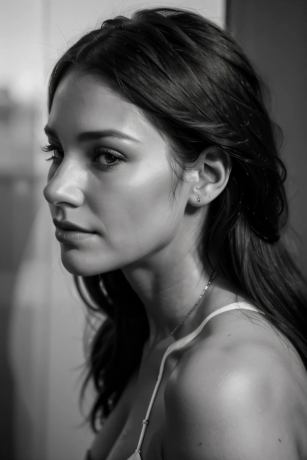 close up of beautiful 40 year old woman's face, side view, black and white