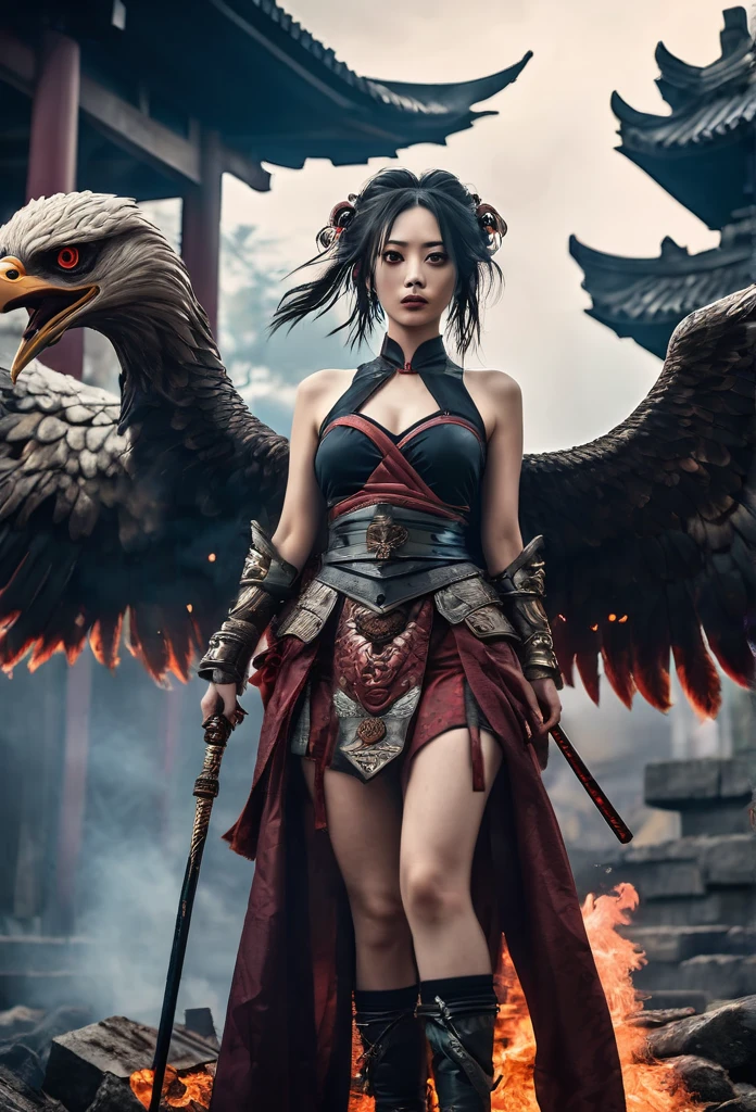 a blood girl, and a huge fire eagle, made of smoke, wearing a warrior outfit complete with armor floating around the ruins of an ancient temple, inspired by Japanese gods, carrying a huge divine sword, temple background, Japan, dark, horror vibes, gothic, smoke, fire, big add some big snakes in the back, Japanese mythical gods, evil smile, crazy eyes, eye patch, fuji colors, high detail, high quality, accurate